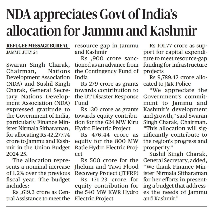Sushil Singh Charak (@sushilsinghchk) on Twitter photo "Thank you <a href="/FinMinIndia/">Ministry of Finance</a> <a href="/nsitharaman/">Nirmala Sitharaman</a> for ₹42,277.74 cr allocation to Jammu & Kashmir in Union Budget 2024-25! #JammuAndKashmir #UnionBudget"
<a href="/nsitharamanoffc/">Nirmala Sitharaman Office</a> <a href="/OfficeOfLGJandK/">Office of LG J&K</a> <a href="/ndangojk/">Nations Development Association</a> "Thank you <a href="/FinMinIndia/">Ministry of Finance</a> <a href="/nsitharaman/">Nirmala Sitharaman</a> for ₹42,277.74 cr allocation to Jammu & Kashmir in Union Budget 2024-25! #JammuAndKashmir #UnionBudget"
<a href="/nsitharamanoffc/">Nirmala Sitharaman Office</a> <a href="/OfficeOfLGJandK/">Office of LG J&K</a> <a href="/ndangojk/">Nations Development Association</a>