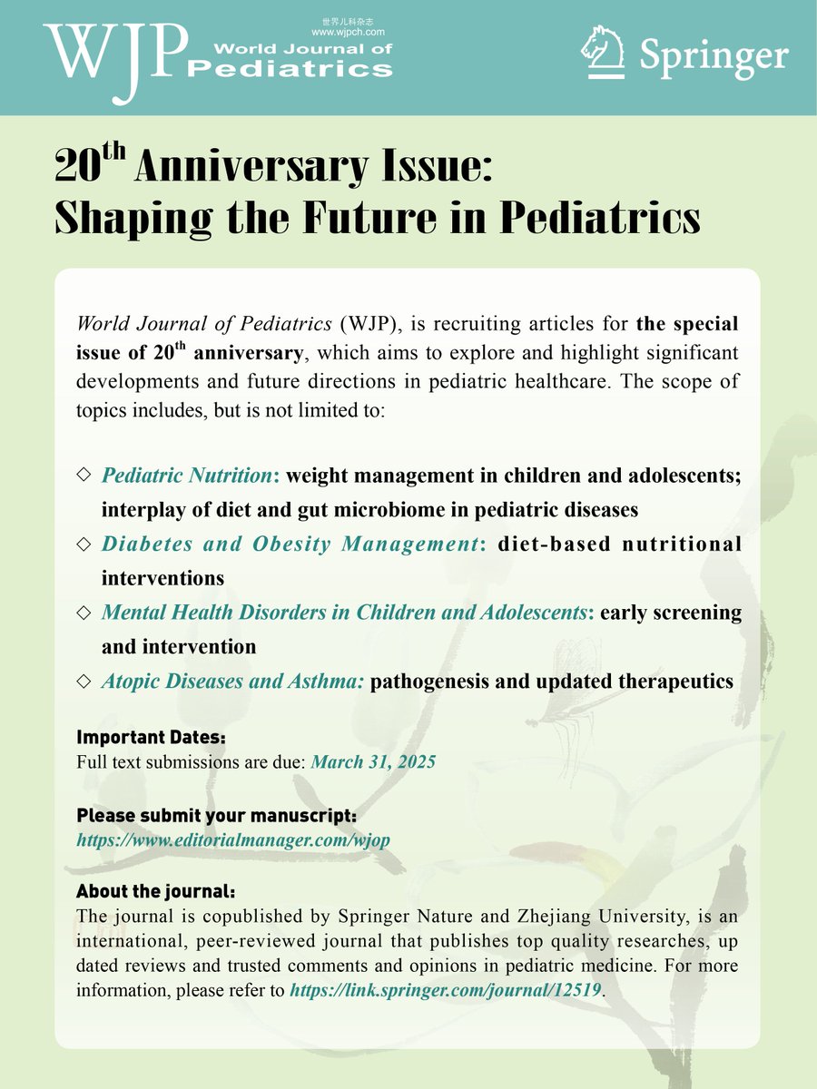 World_J_Pediatr's tweet image. 🎯Call for papers: World Journal of Pediatrics
Submit: editorialmanager.com/wjop
Deadline: March 31, 2025
#MedEd #MedX #pediatrics #papers #researchpaper #Medical #NutritionMatters #obesity #SoMe4PedSurg