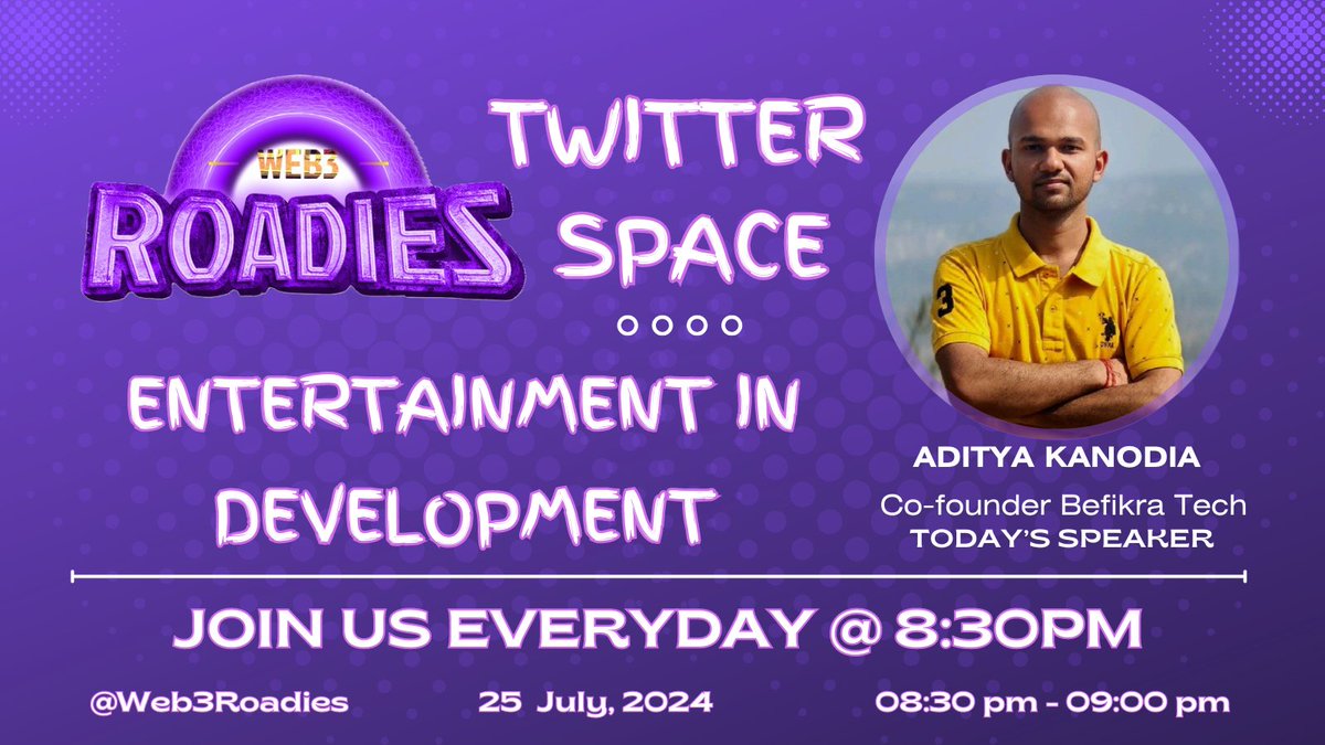 <a href="/Web3Roadies/">Web3Roadies</a> - India's Biggest Hackathon🎯 

Hackathon Space - Day 04✌️

"Entertainment in Development"😜

Today's Speaker: <a href="/0xadityakanodia/">Aditya Kanodia</a> 🗣️

Set a reminder for 8:30 PM IST🔔

x.com/i/spaces/1nAKE…