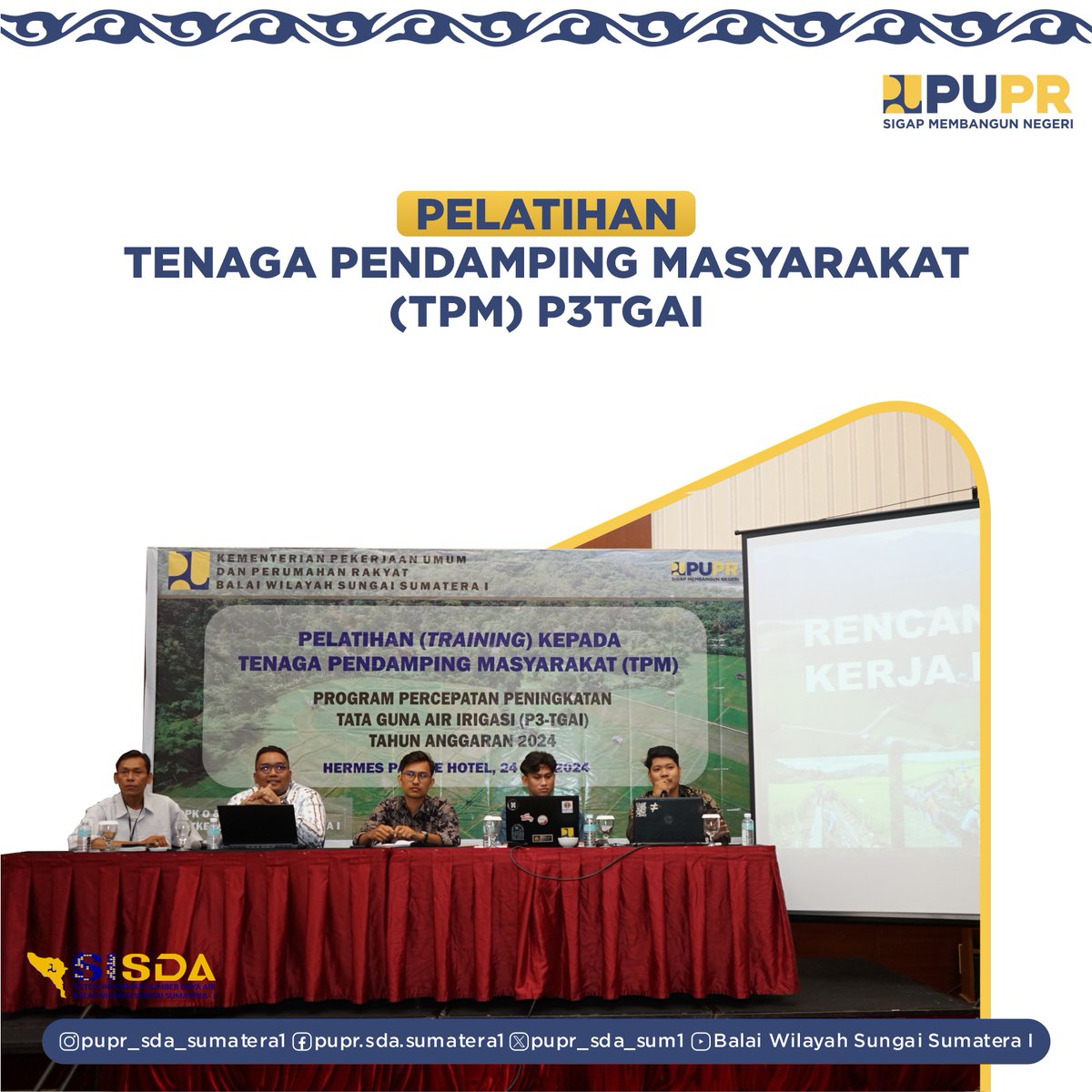 Balai Wilayah Sungai Sumatera I melalui OP SDA II melaksanakan Pelatihan Tenaga Pendamping Masyarakat (TPM) untuk kegiatan Program Pecepatan Tata Guna Air Irigasi (P3TGAI) pada Rabu 24 Juli 2024 di Hermes Palace Hotel Banda Aceh.

#sigapmembangunnegeri #pupr #sda #TPM #P3TGAI