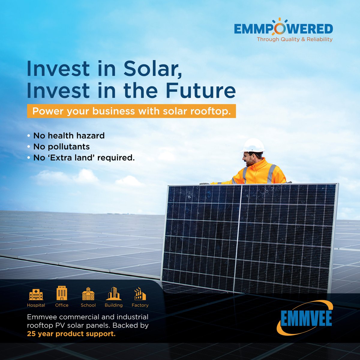 Why Invest in Solar?
For a Brighter Future!

Power your business with innovative solar rooftops.
Why wait? Start your journey towards energy independence and sustainability today. Let the sun work for you!

#Emmvee #Solar #Investment #Rooftop #Sustainablity #Future #EmmveeGroup