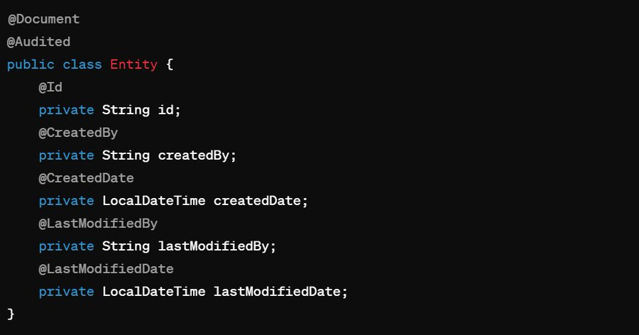 mnhocktweets's tweet image. 🚀 Spring Data MongDB Auditing🚀 

Use @CreatedBy, @LastModifiedBy, @CreatedDate
and @LastModifiedDate annotations to automatically track entity modification and creation timestamps, along with the user responsible for the changes. 🔥

#SpringData