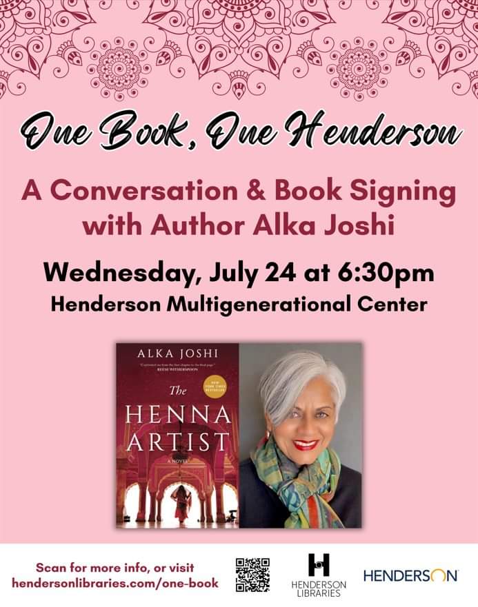 ambrommel's tweet photo. Congrats + thanks @hendersonlibs for a beautiful evening w/ author @alkajoshi! #TheHennaArtist + series are a must-read for booklovers. Book 4 available for pre-order. Thanks @cityofhenderson for the perfect venue! #OneBook #OneHenderson https://t.co/d7Gd9tWaDN