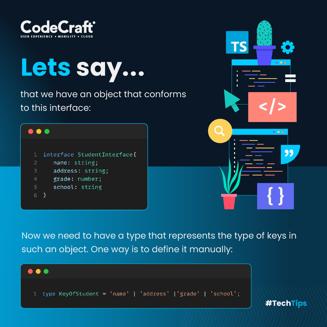 codecrafttech's tweet image. Explore a seamless way to create a union type for all the keys in an object using keyof operator!
Check out this #TechTips!
#CodeCraftTech #Coding #CodingLife #Programming  #CleanCode #SoftwareDevelopment #CodeQuality #DeveloperLife #CodingTips #TechTips