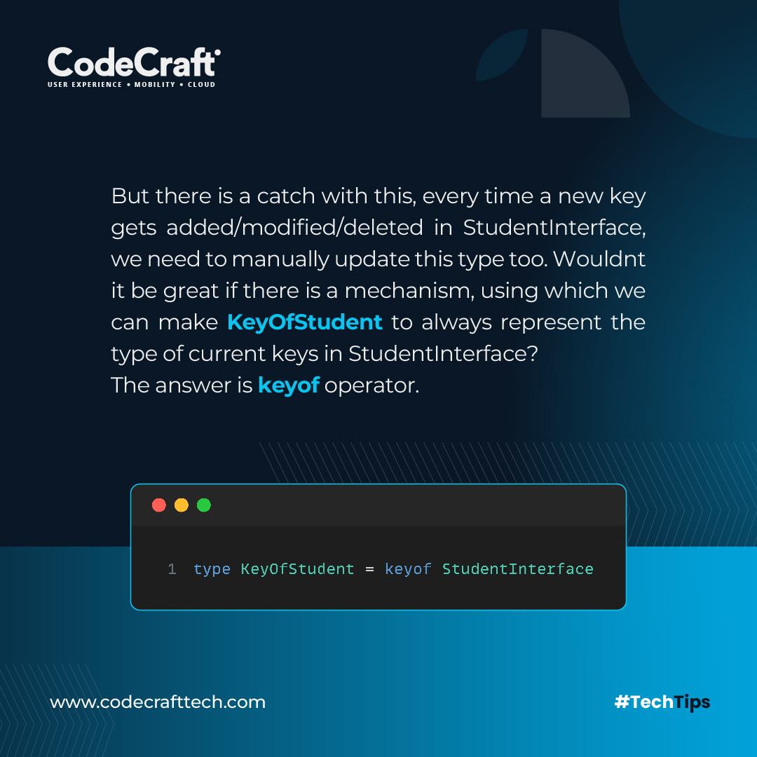 codecrafttech's tweet image. Explore a seamless way to create a union type for all the keys in an object using keyof operator!
Check out this #TechTips!
#CodeCraftTech #Coding #CodingLife #Programming  #CleanCode #SoftwareDevelopment #CodeQuality #DeveloperLife #CodingTips #TechTips