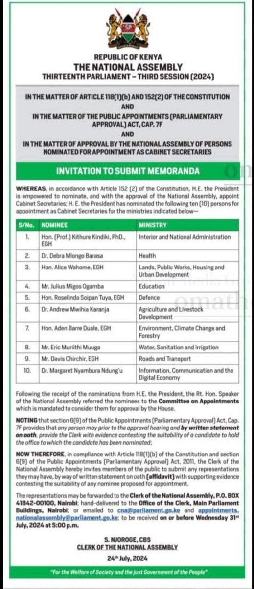 Amakove Wala (@lizwala) on Twitter photo Another Public Participation moment is upon us, this time about the CS nominees.
Email your views to cna@parliament.go.ke on or before next week Wednesday 29th, July 2024.
Ahsante Another Public Participation moment is upon us, this time about the CS nominees.
Email your views to cna@parliament.go.ke on or before next week Wednesday 29th, July 2024.
Ahsante