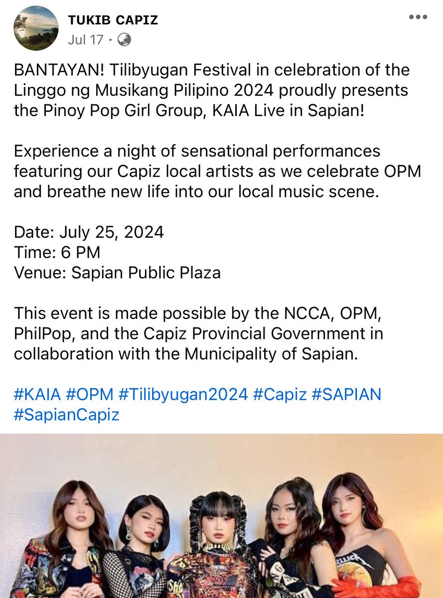 AlMooSone's tweet photo. 📍KAIA’s schedule later today
Tilibyugan Festival in celebration of the Linggo ng Musikang Pilipino 2024
Date: July 25, 2024
Time: 6PM
Venue: Sapian Public Plaza, Capiz
Stay safe, ZAIA and KAIA!
#KAIA #OPM #Tilibyugan2024 #Capiz #SAPIAN #SapianCapiz @KAIAOfficialPH https://t.co/zz7vdl8Chy