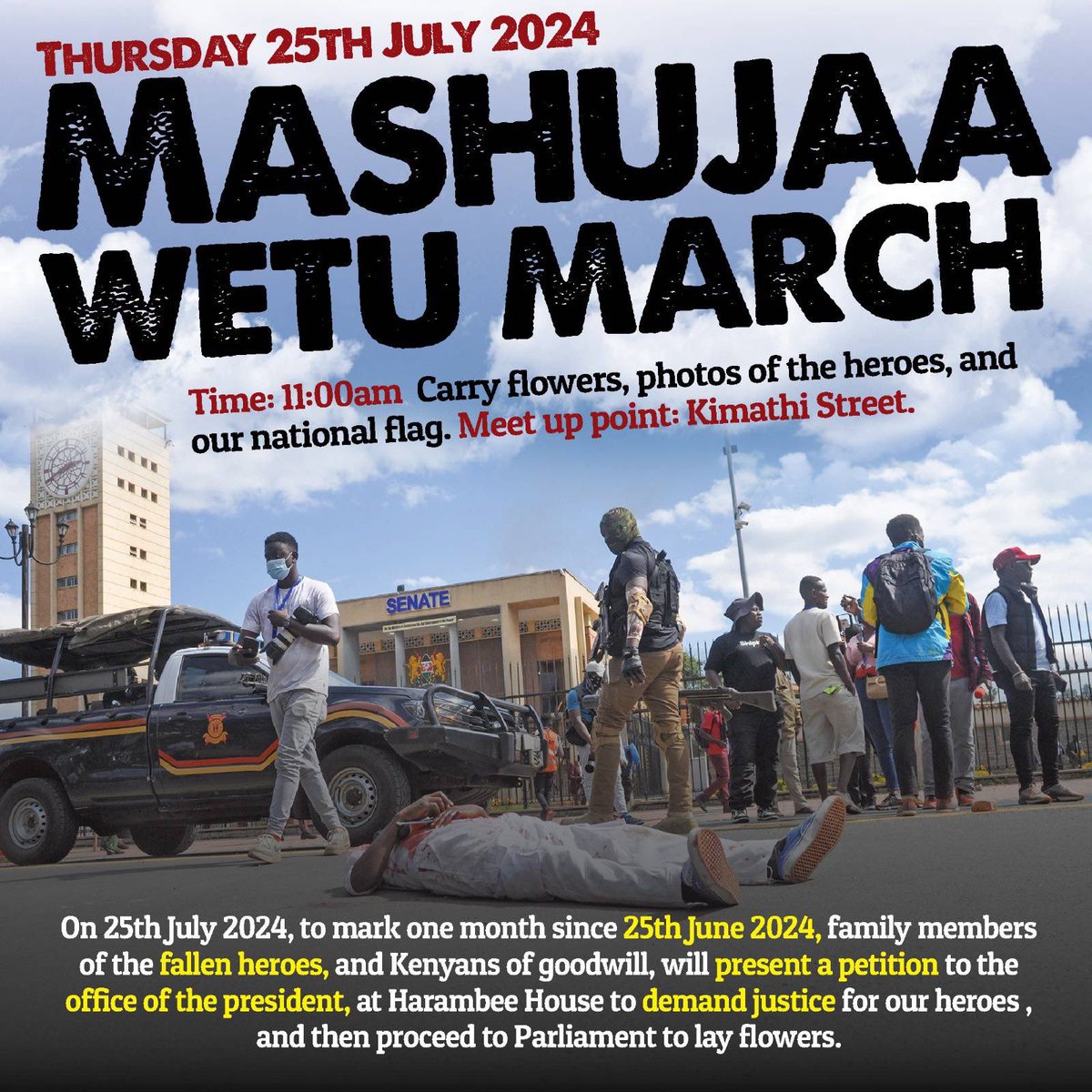 See you on Kimathi Street at 11am. Let’s escort the families of our heroes to the crime scene to lay flowers. If you see Raila anywhere, record a video calling him a traitor, let that old man spend the rest of his life knowing he betrayed Kenyans for a few coins.

#MashujaaWetu