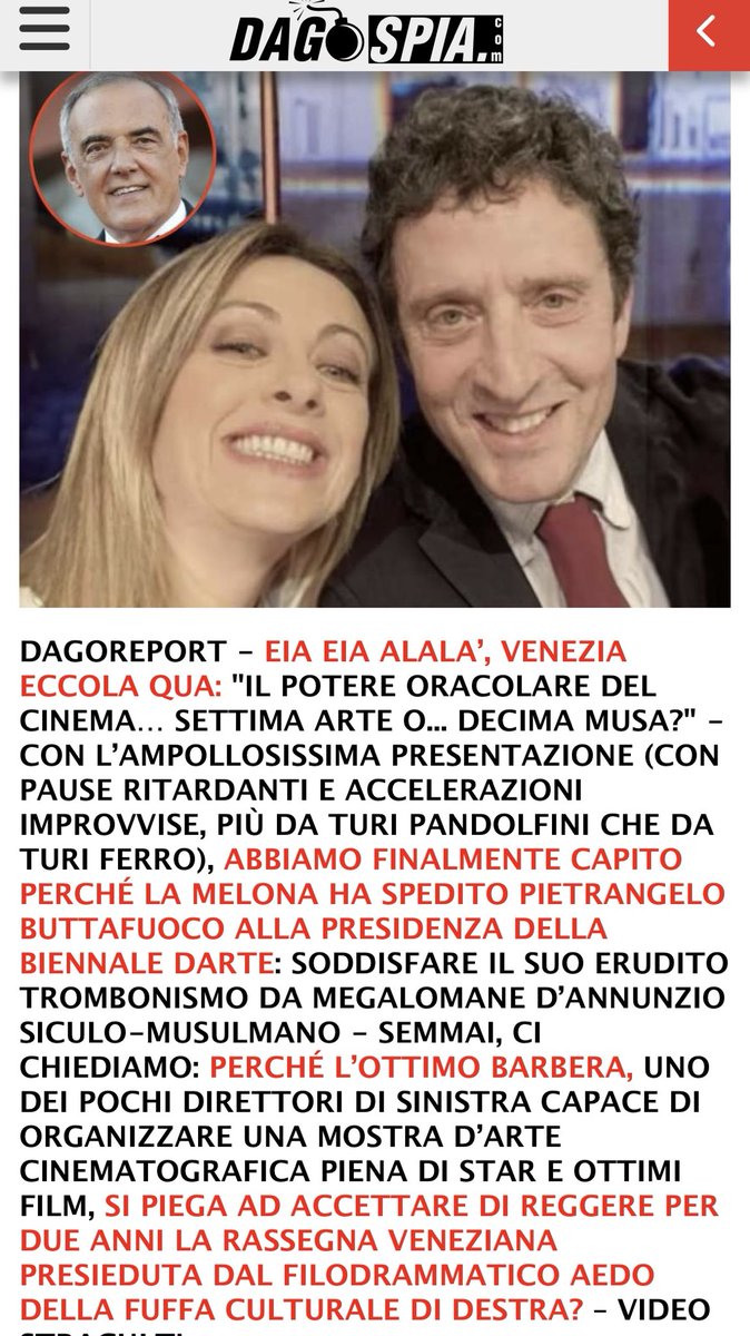 Solidarietà a #MarcoGiusti che il 15 luglio vergò un elogio sulla mostra del cinema di #Venezia chiamando “oculato presidente” #Buttafuoco ed oggi attacca l’asino dove vuole il padrone e sostituisce all’incipit positivo di allora l’ingiuria odierna. 
Evviva la stampa libera😎