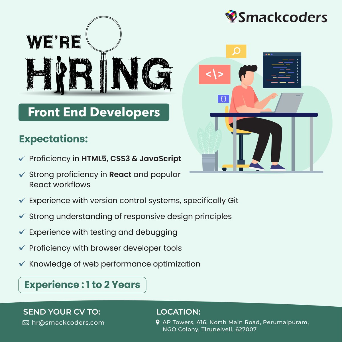smackcoders's tweet image. 👋 We're #Hiring a front-end developer! 😊
Do you have 1-2 years of experience with a strong knowledge of JavaScript and React? If so, we want to hear from you!
Apply to hr@smackcoders.com📧
#FrontendDevelopers #ReactJS #TechJobs #WebDevelopment #ITJobs