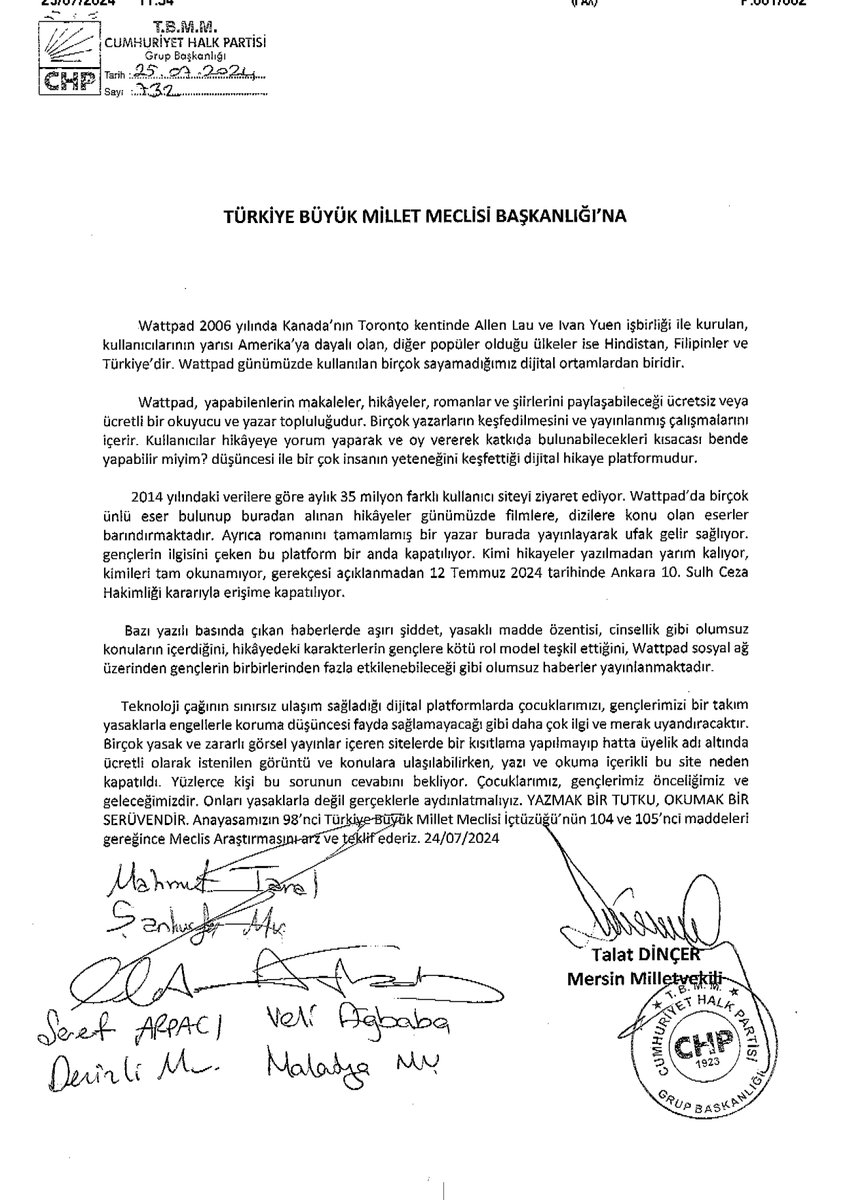 Sevgili gençler, 

#Wattpad'ın neden kapatıldığı hakkında  Türkiye Büyük Millet Meclisi'ne  Meclis Araştırması Önergesi sundum. Konunun takipçisi olacağım. #wattpadbizim