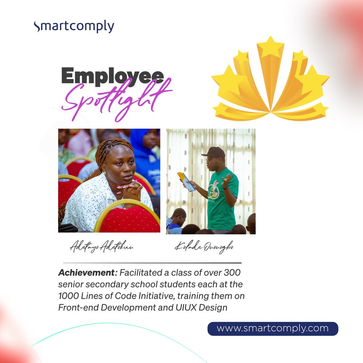 smartcomplyapp's tweet image. We are thrilled to shine the spotlight on two outstanding members of our team:

Adetayo Adetokun - Head of Engineering 
Kolade Ononogbo - Product Designer

#EmployeeSpotlight #1000LinesOfCode #TechEducation #FrontEndDevelopment #UIUXDesign #CodeGarageAfrica  #Smartcomply