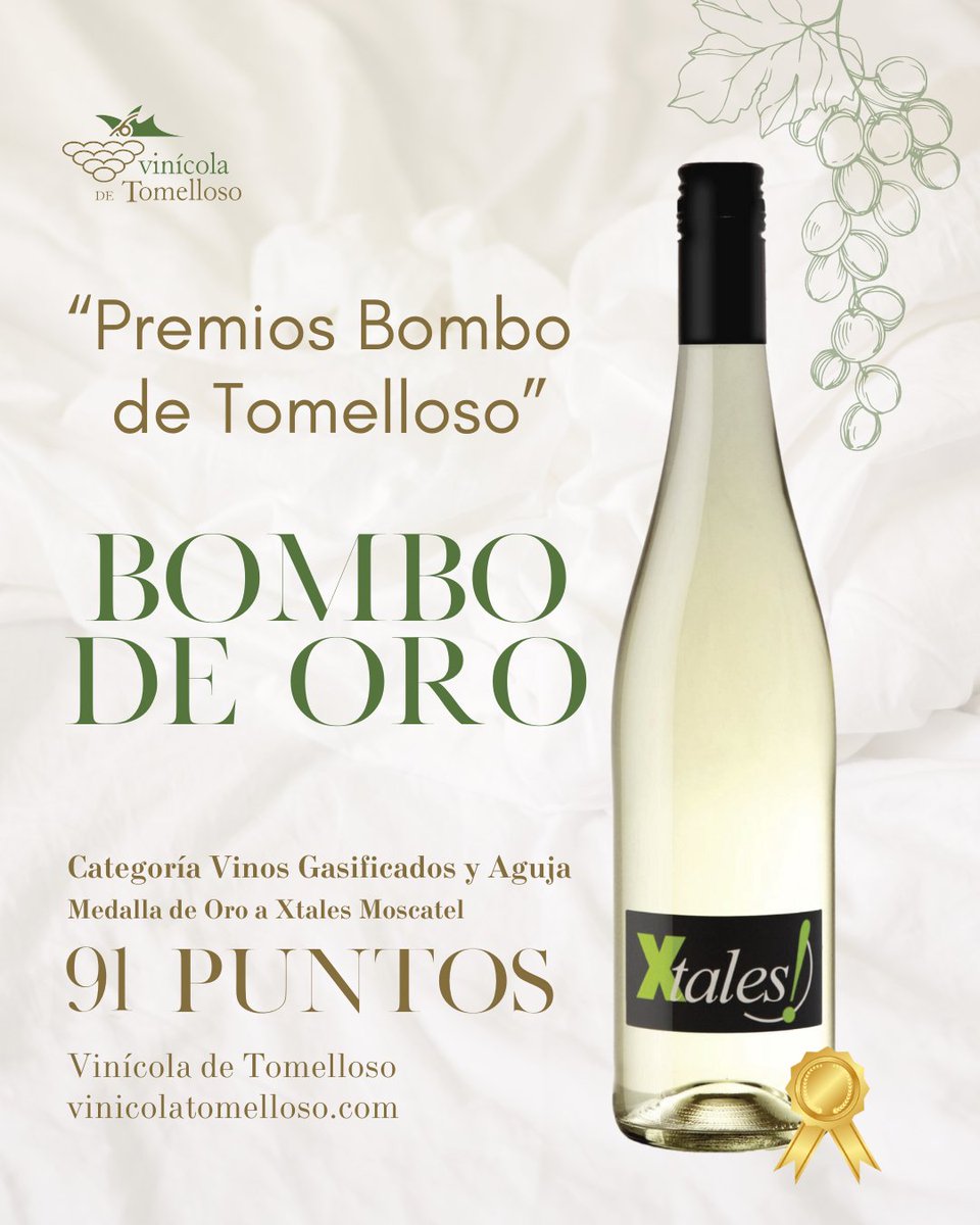 🍇 ¡Estamos de celebración! 🍾 Nuestro Xtales Moscatel ha sido galardonado con el Bombo de Oro en la categoría de Vinos Gasificados y de Aguja en el XVII Concurso Regional de Vinos Premios Bombo de Tomelloso. 🥇
#XtalesMoscatel #VinicolaDeTomelloso #PremiosBombo #VinosDeCalidad