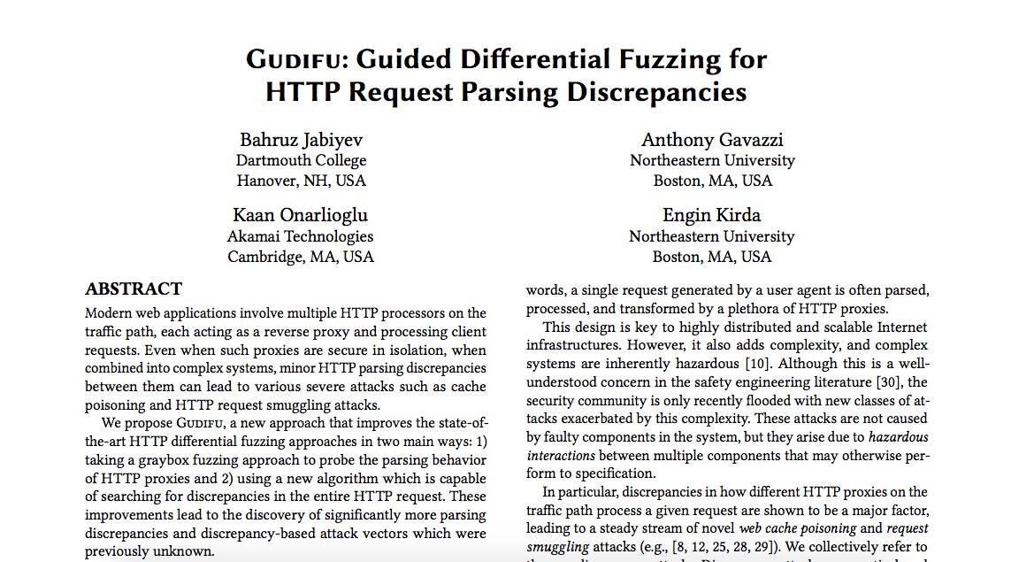 BahruzJabiyev's tweet image. Let me share our latest &quot;Gudifu&quot; paper and tool about a new search technique for parsing discrepancies between HTTP servers. The Gudifu tool has discovered several previously unknown attack vectors on popular server pairs such as Request Smuggling, Access Control Bypass and