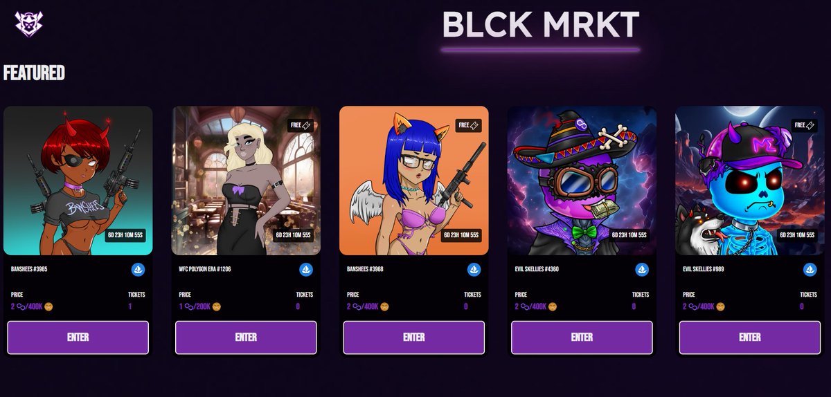 Psst, BLCKMRKT is stacked for the week 💜

-Banshees
-WFC
-Spaceskellies

start here👇
raffle.blckmrkt.io
