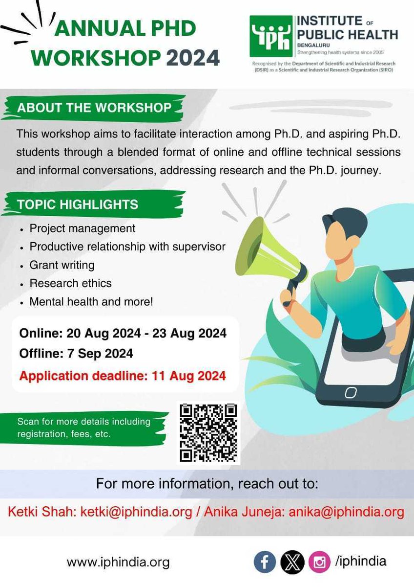 📢Attention all PhD and aspiring PhD students!📢
Enhance your research skills at the Annual Public Health PhD Workshop 2024 by Institute of Public Health Bengaluru.

Learn, network, and grow with peers and experts.

Submission Deadline: August 11, 2023

Find out more and apply: