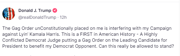 IamVyv's tweet image. #USDemocracy, #DemsUnited

Yet more of the usual BS and lies from the feeble minded orange wuckfit.  

The gag order relates to its trials and their paraphernalia. It does not impinge the slightest bit on anything relevant to its risible "campaign".  

The #Donvict is the most