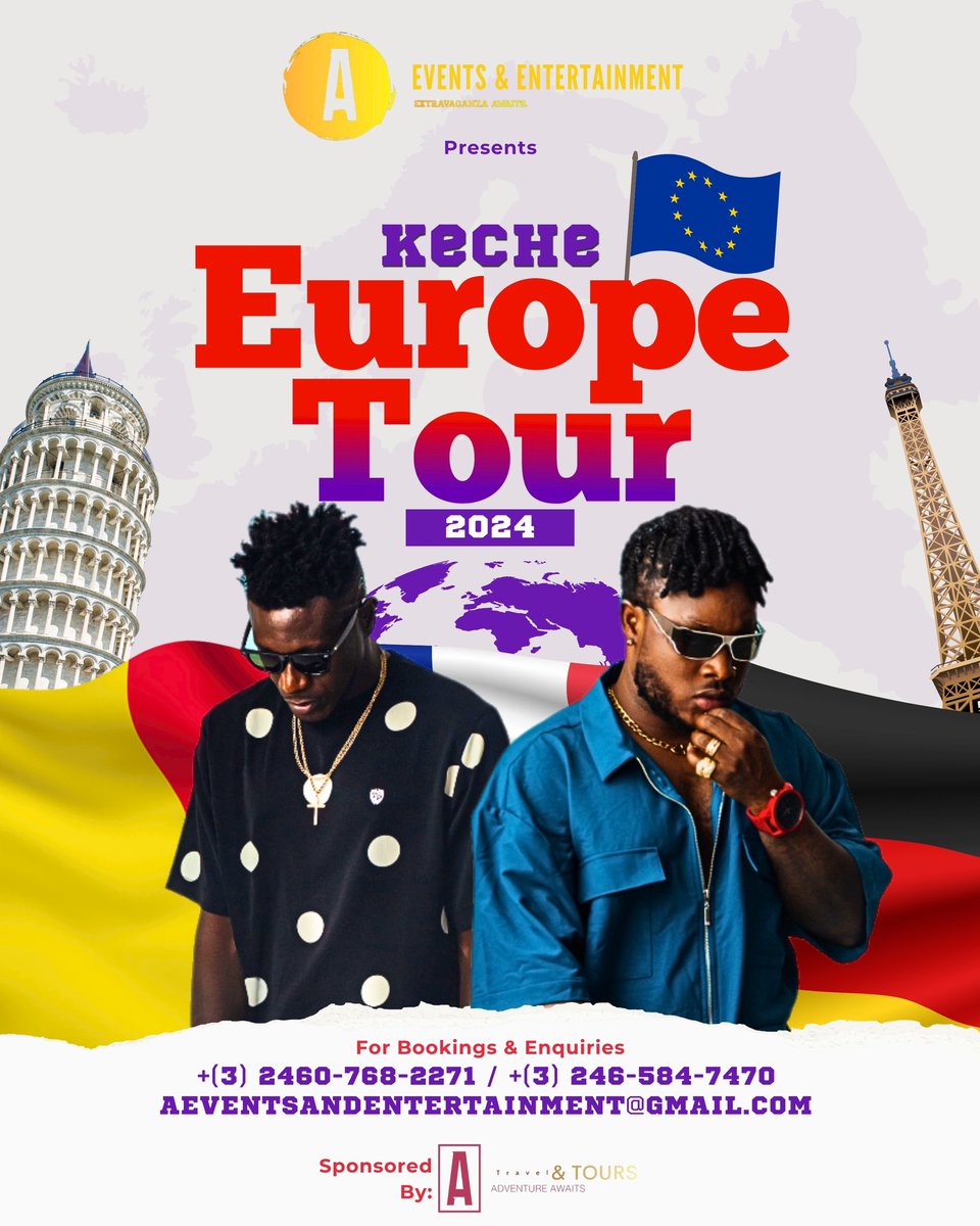 atravelntour's tweet photo. A Events &amp; Entertainment presents Keche Europe Tour 2024! 🇪🇺🇧🇪🇫🇷🇩🇪🌎 Ghana’s legendary music duo; Keche Global @kecheglobal about to tour Europe this summer. Anticipate greatness🎉
For Bookings: +32467682271/+32465847470
Powered by A TRAVEL &amp; TOURS https://t.co/4g1uWYoGNf