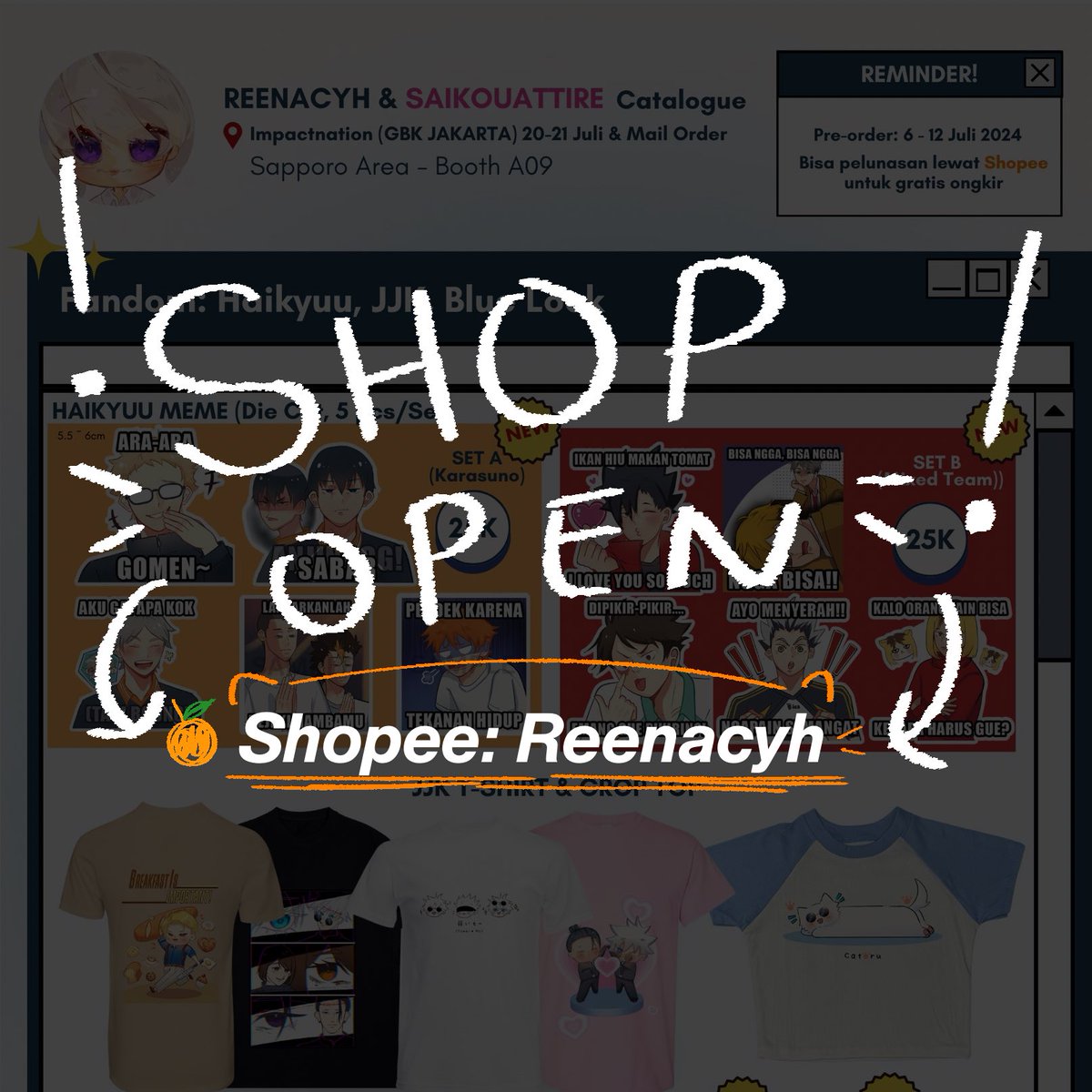 Reenacyh's tweet photo. 🧡SHOP IS OPEN🧡
Buat yang ga sempet ikutan P.O yang impactnation, bisa langsung checkout ya di shopee🥰💗 termasuk kaos nanami, sashisu, sugusato, yowaimo (beberapa yang size M & L ready jadi bisa langsung kirim)
#impactnation
🔗 https://t.co/xQdZ8bplKk https://t.co/cBwplsKXnA