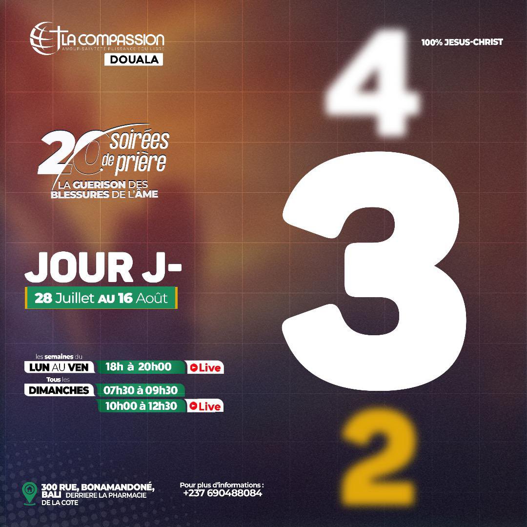 CompassionDla's tweet photo. Shalom 🙏🏾
Plus que 3 jours avant le début des 20 Soirées de prière 🔥
#compassiondouala #egliselacompassion #20soirées https://t.co/p0bZi9JCCm