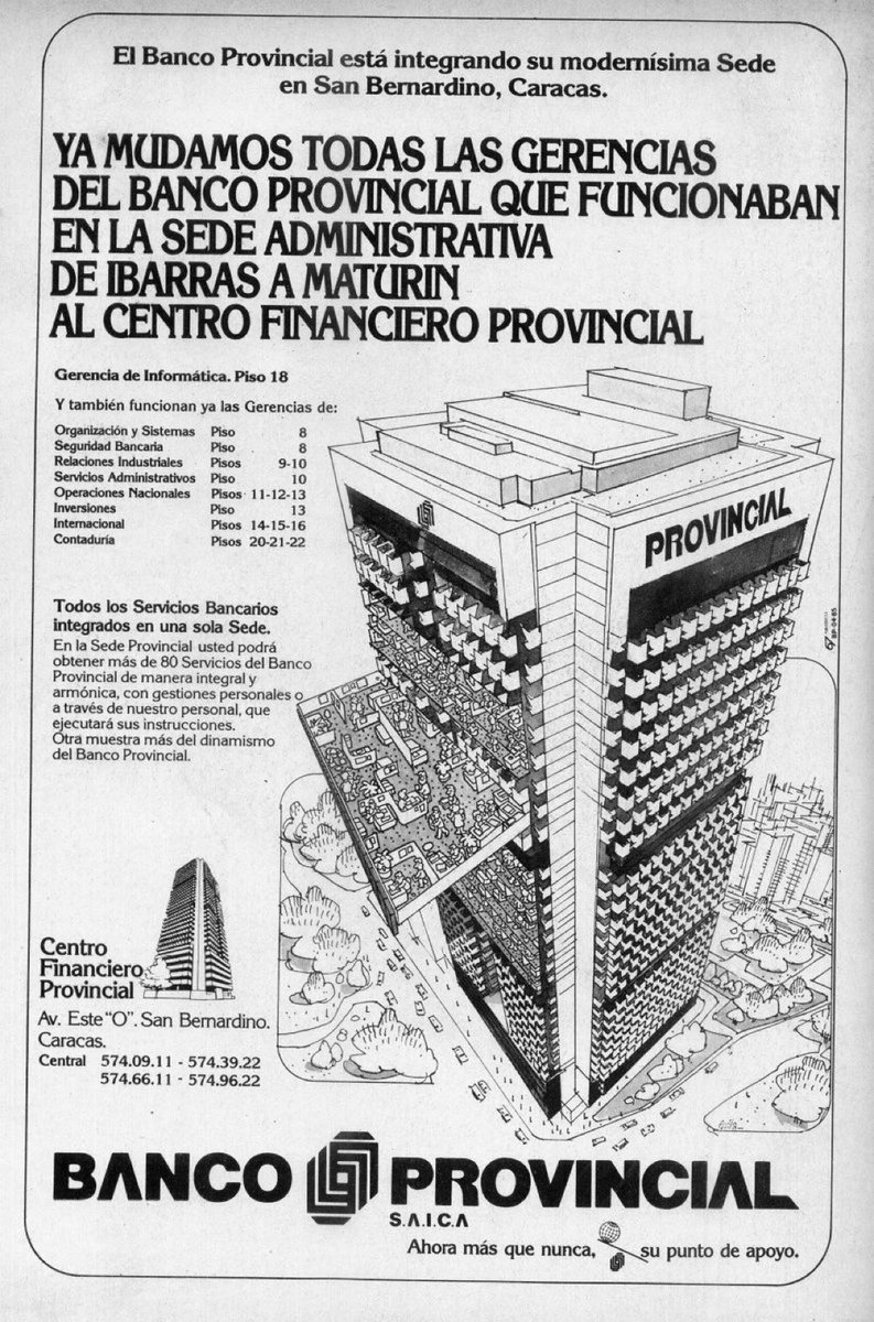 Caracascuentame's tweet photo. Caracas. 1985. Banco Provincial inauguró una moderna e imponente sede en San Bernardino. Durante esa década la avenida Urdaneta se había convertido en una suerte wall street caraqueño, las torres financieras y los más importantes bancos del país estaban a lo largo de la avenida https://t.co/MvwFsaSmNp