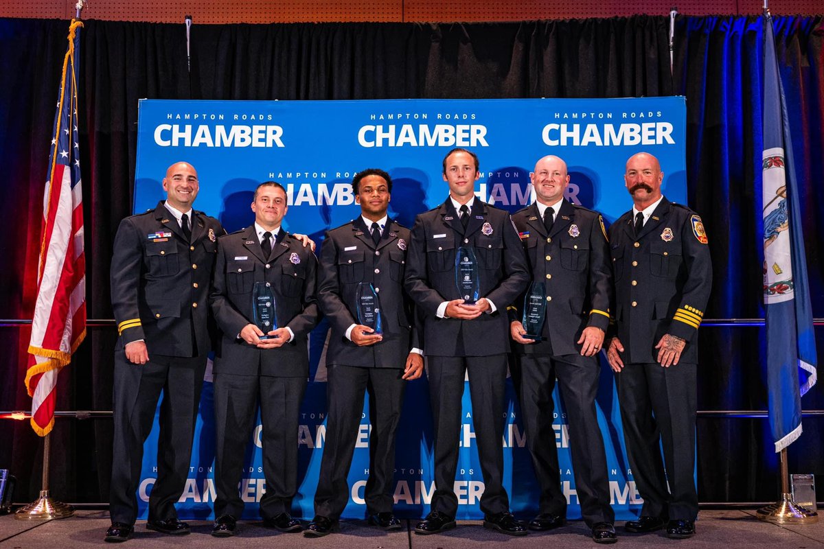 Congratulations to Lt. Chad Tilghman, Lt. Kyle Billips, FF/EMT Jonathan Best, FF/EMT Ted Locklear, and FF/EMT Brian Para for their heroic actions on a 2023 fire leading to the rescue of two citizens.  All received Medal of Valor Awards from the Hampton Roads Chamber of Commerce.
