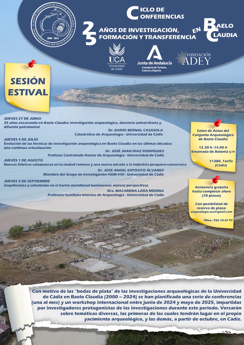 CABaeloClaudia's tweet photo. Buenos días, os recordamos que el jueves 1 agosto se realizará en el CABC, dentro del ciclo de conferencias de la UCA, la charla/visita "Nuevas fábricas salazoneras en la ciudad romana y una nueva mirada a la industria pesquero-conservera". 
Reservas: arqueologia.uca@gmail.com https://t.co/cw7dtXMqsA