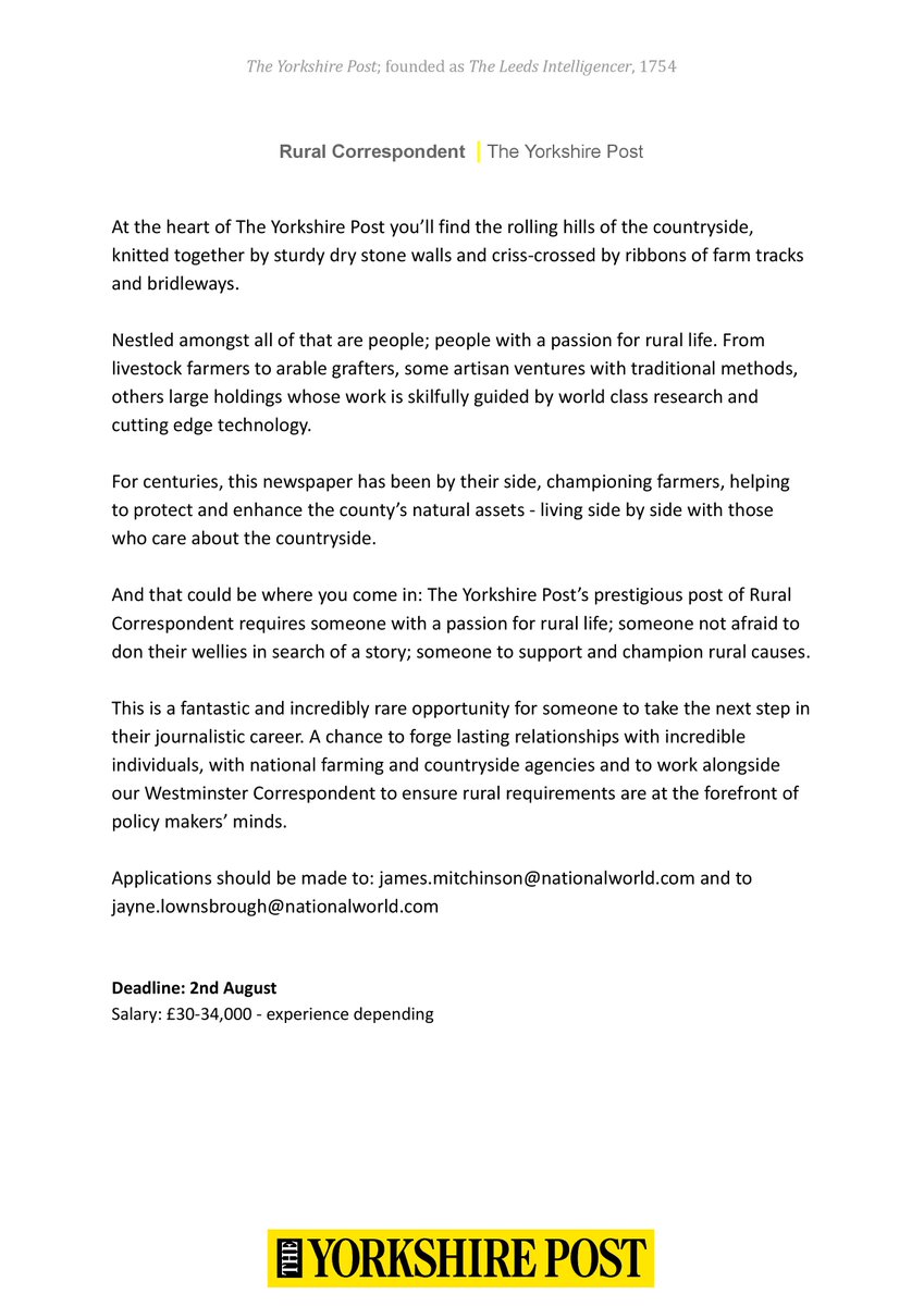Journalism job opportunity: Rural Correspondent, The Yorkshire Post