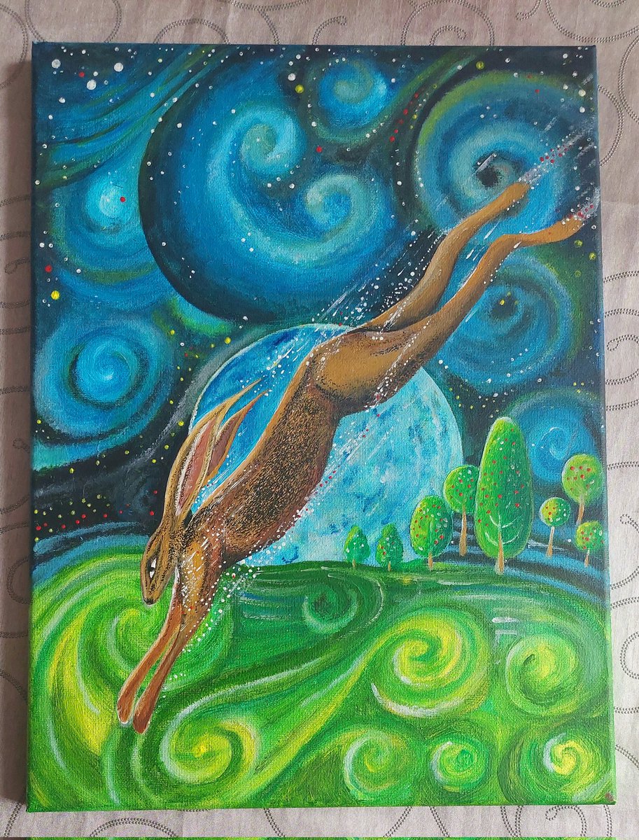 I'm late as usual, but I wanted to share my first acrylic canvas #elevenseshour A mystical hare returning for the summer. What do you think?