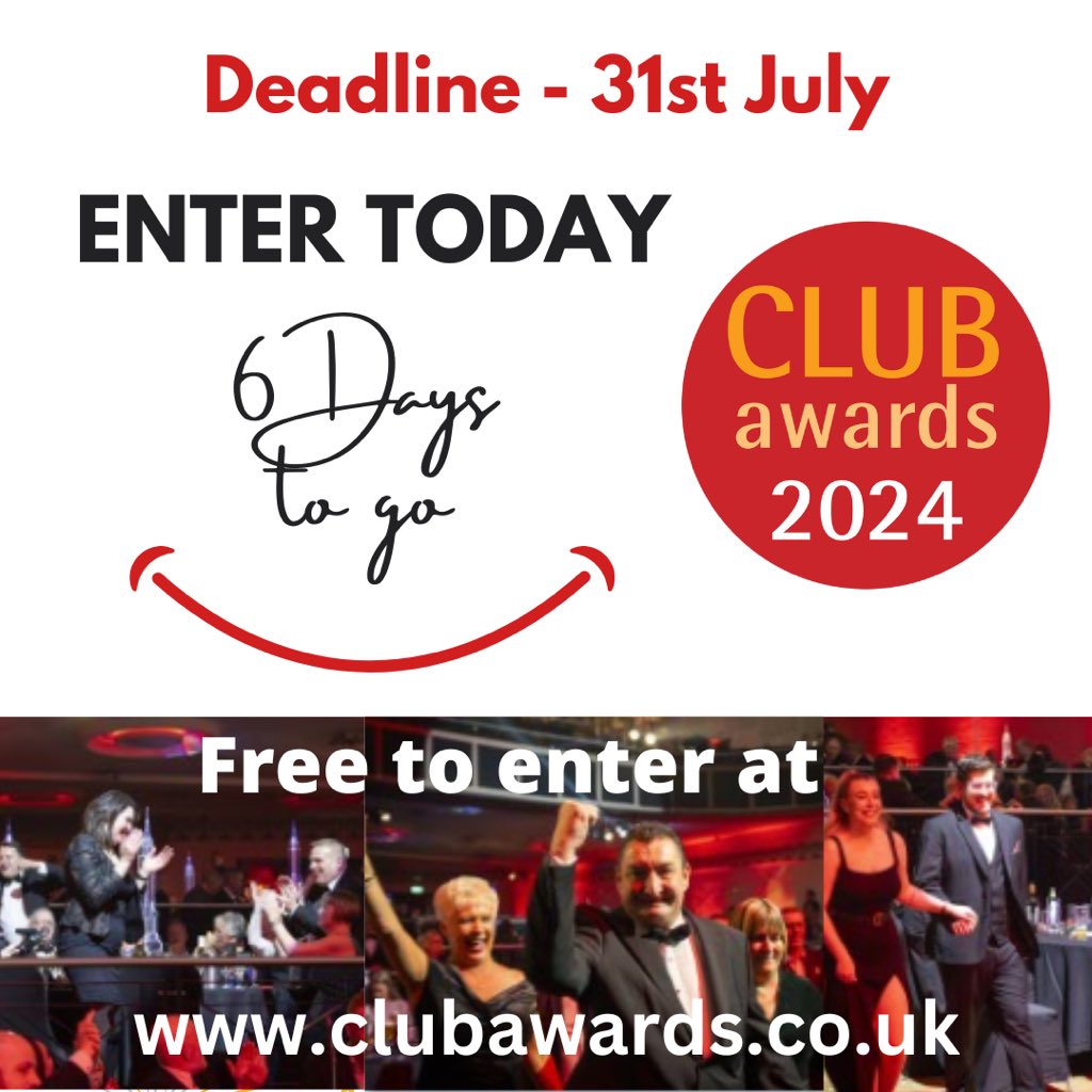 6 days to go... deadline for entry for Club Awards is 31 July. A whole range of categories - not just sports. Plus nominate your hard-working volunteers. Easy and free to enter online at clubawards.co.uk #clubawards