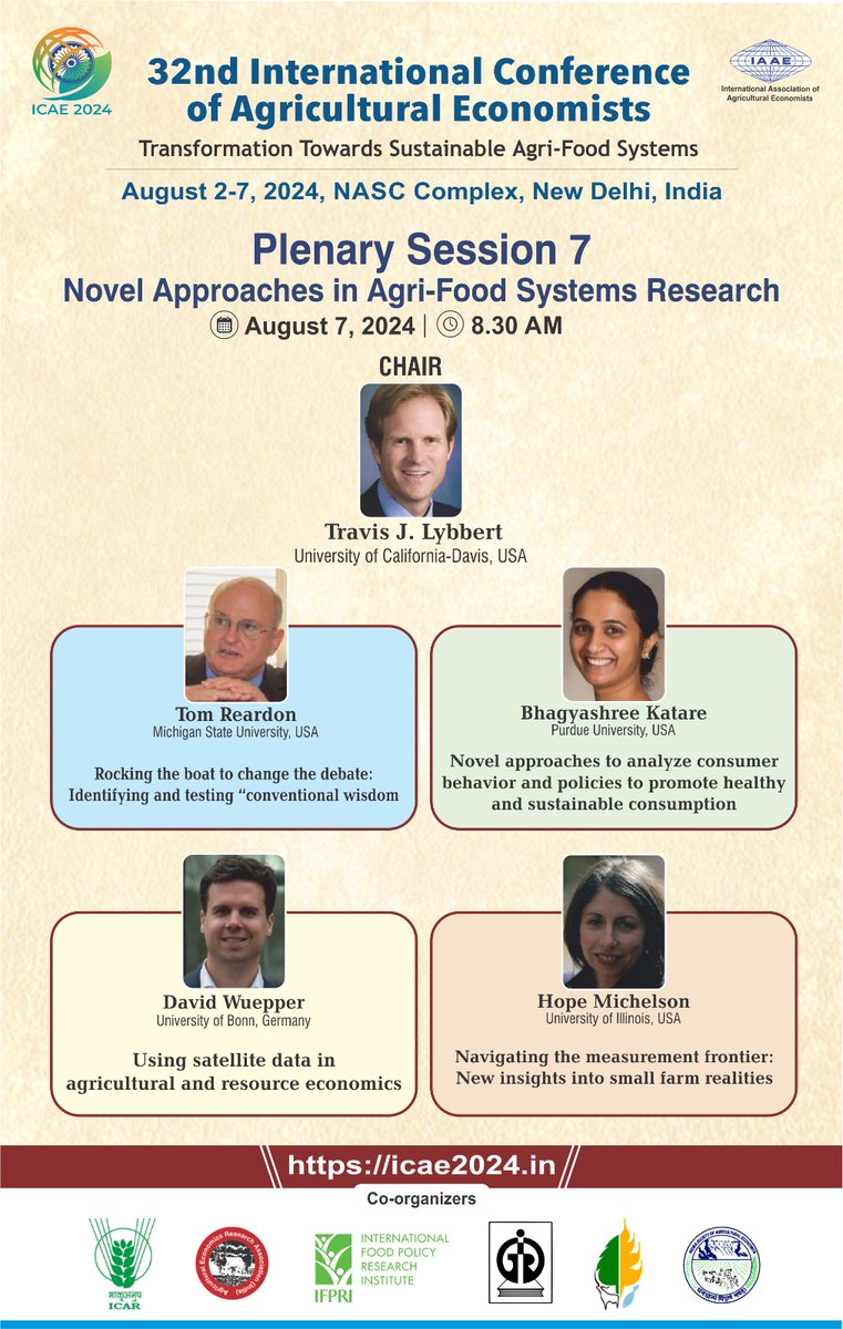 icae2024 (@icae2024) on Twitter photo ✨🌱Join us for a plenary session at #ICAE2024: 'Novel Approaches in Agri-Food Systems Research'. Hear from the leading experts in this field!
📅August 7| 8:30 AM | #AgEcon #MeetinDelhi #AgriFood
<a href="/TravisLybbert/">Travis Lybbert</a> #TomReardon #BhagyashreeKatare <a href="/DavidWuepper/">𝙳𝚊𝚟𝚒𝚍 𝚆𝚞𝚎𝚙𝚙𝚎𝚛</a> @michelson_hope #ISAE ✨🌱Join us for a plenary session at #ICAE2024: 'Novel Approaches in Agri-Food Systems Research'. Hear from the leading experts in this field!
📅August 7| 8:30 AM | #AgEcon #MeetinDelhi #AgriFood
<a href="/TravisLybbert/">Travis Lybbert</a> #TomReardon #BhagyashreeKatare <a href="/DavidWuepper/">𝙳𝚊𝚟𝚒𝚍 𝚆𝚞𝚎𝚙𝚙𝚎𝚛</a> @michelson_hope #ISAE