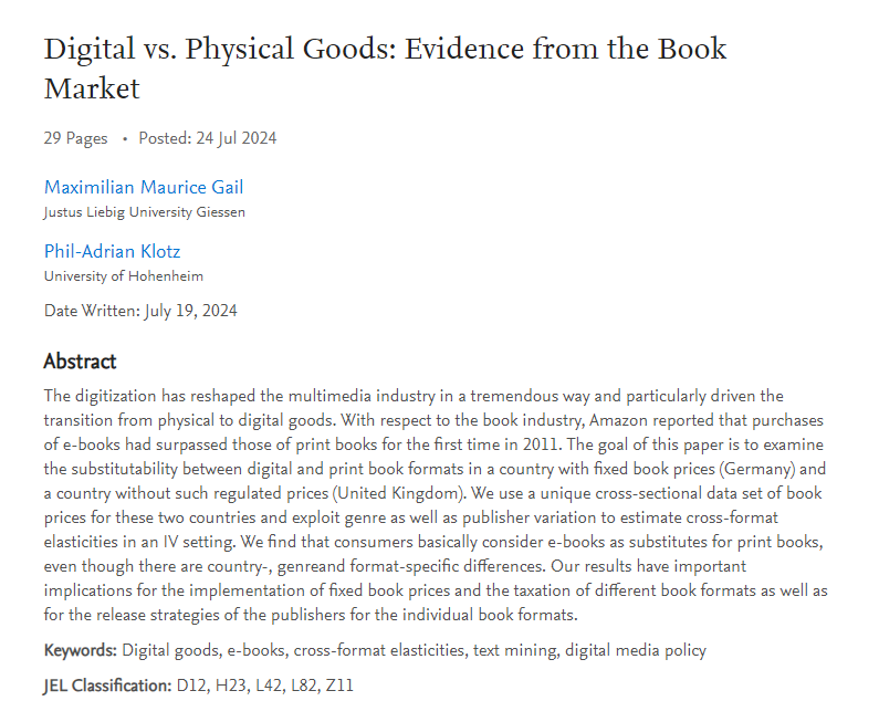 🚨New Working Paper🚨

Should we tax e-books and print books uniformly? Is it important for publishers to release the digital format later than the print one? We try to answer these questions by estimating cross-format elasticities using an IV (w/ <a href="/MaxMGail/">Maximilian G</a>). 
@boev #econtwitter