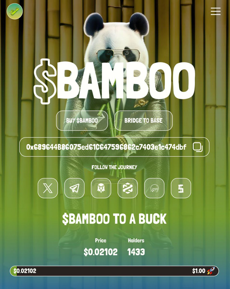 $BAMBOO is stirring up the crypto space! 🐼🌐 

Heard whispers of a significant backer and a massive announcement coming soon. 🚀 

Chart: dexscreener.com/base/0xfdcbf47… 
Website: bamboo.meme 
Telegram: t.me/bambooonbase 
Follow <a href="/bamboobase/">Bamboo On Base</a>

🎋🐼 🐼🎋 Bamboo to a buck!