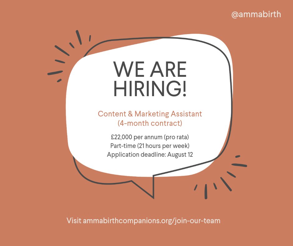 We’re looking for a creative and motivated Content &amp; Marketing Assistant to join our team! 
This part-time, 4-month contract is perfect for someone who is social media savvy with a passion for storytelling.
📅 Apply by August 12th.
ammabirthcompanions.org/about/join-our…