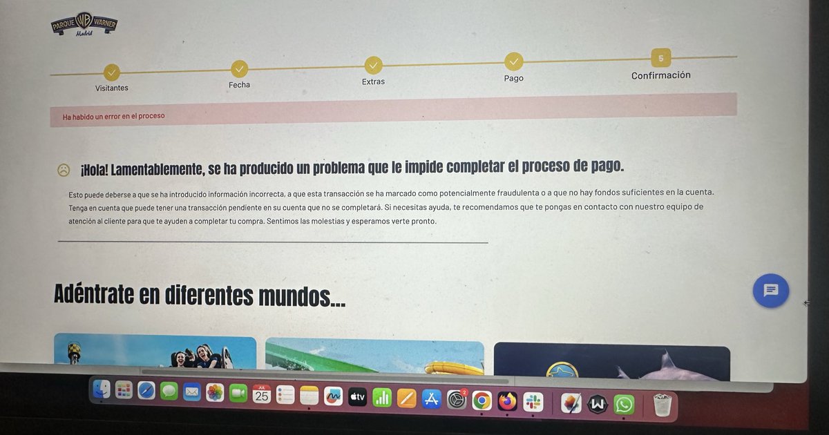 Ojito con <a href="/ParqueWarner/">Parque Warner Madrid</a> porque hemos hecho dos intentos de compra erróneos y en ambos casos nos han realizado el carto. Ahora 1h de espera en atención al cliente a 40 graditos porque no contestan al tlf, mail o chat.