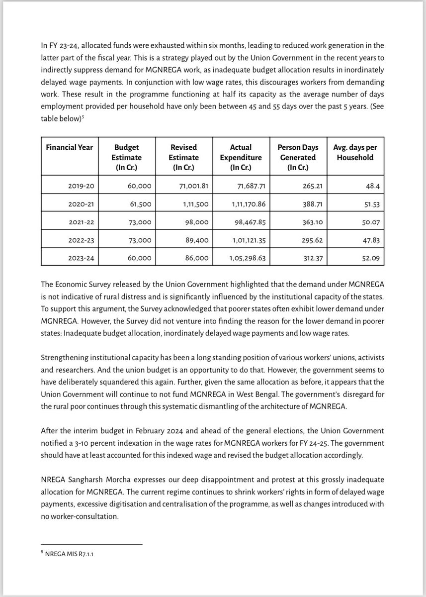 We strongly condemn the Union Govt’s attempt to invisibilise NREGA.

- Allocation for FY24-25 is 19,298Cr less than the actual expenditure of FY23-24
- Allocation for FY24-25 is only 0.26% of GDP
- Already spent 44% of BE
- Balance funds can only generate 15.60 days of work/ HH
