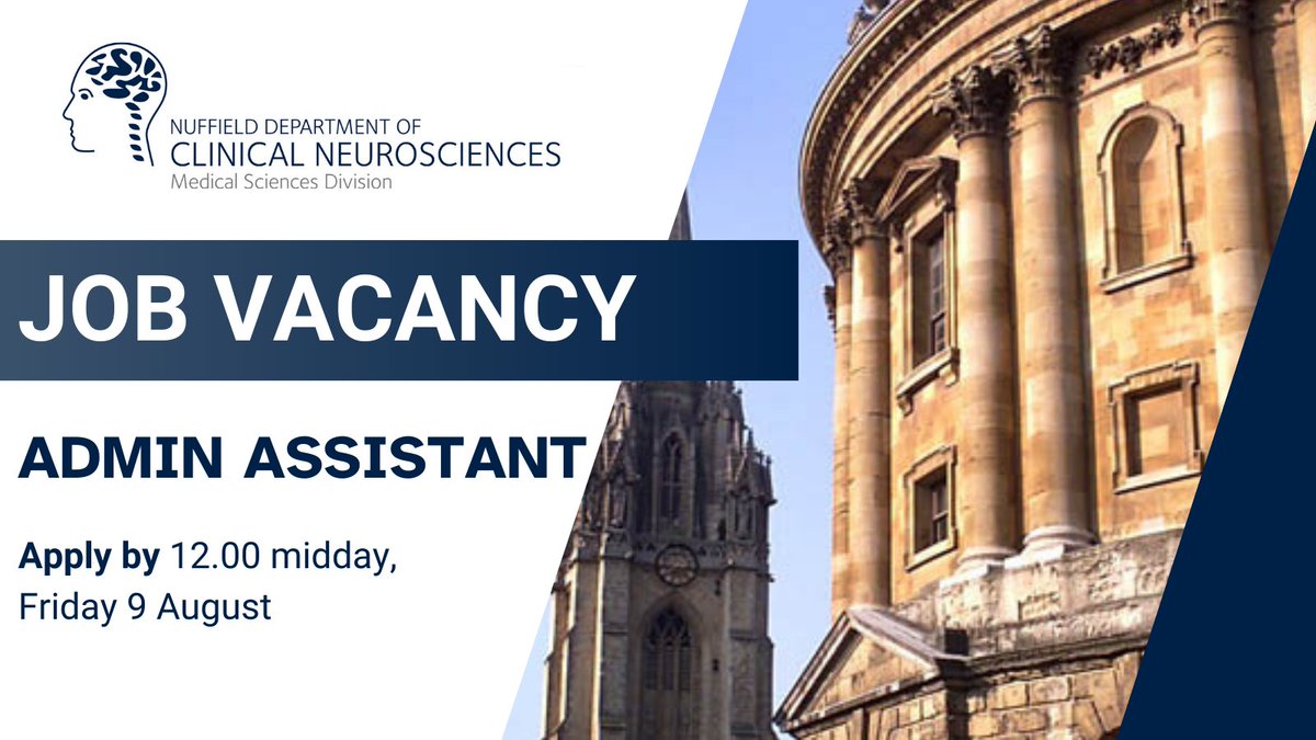 📣JOB VACANCY: We are looking for a highly motivated and flexible individual to carry out an Administration Assistant role in a busy and exciting neuroimaging centre, @OxfordWIN. Apply by 9 August: tinyurl.com/3nmyxymz