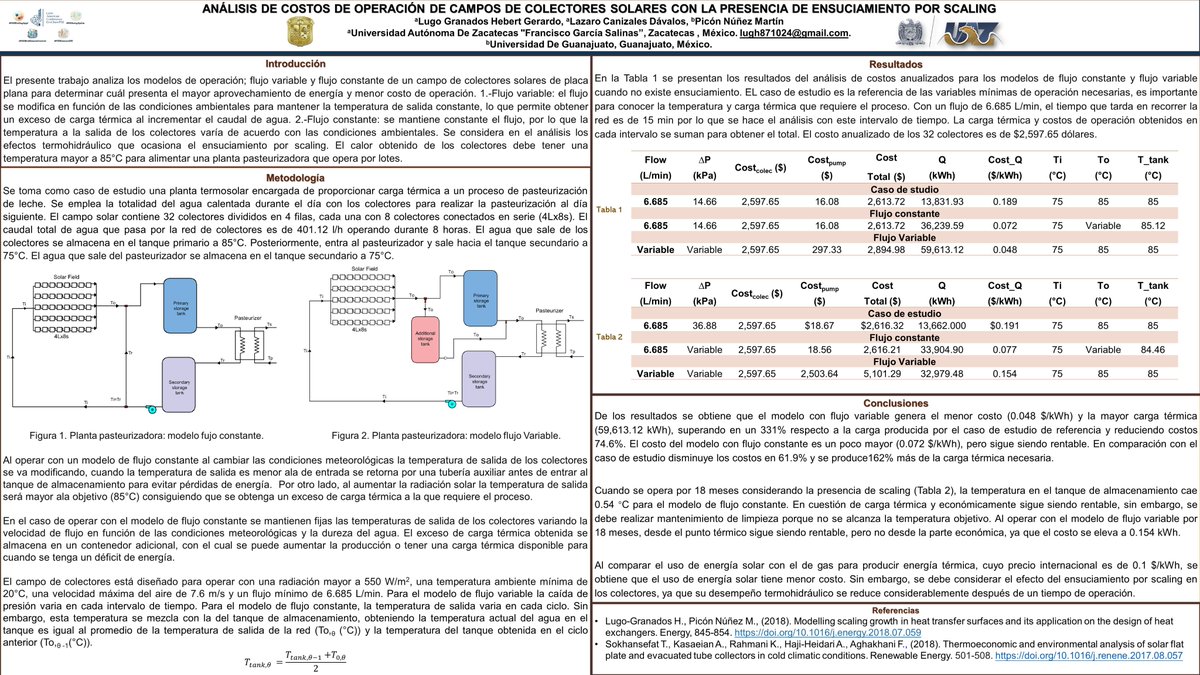 Hebert Gerardo Lugo Granados (@hebertglg) on Twitter photo ¡Saludos!
Comparto mi trabajo sobre el análisis de termoeconómico de un campo de colectores solares. Se determina el mejor modelo de operación; flujo constante o flujo variable en condiciones limpias y cuando existe ensuciamiento por scaling.
<a href="/LatEnvChemPSE/">Latin American Conference EnvChemPSE</a>
#PSEModSimulatControl ¡Saludos!
Comparto mi trabajo sobre el análisis de termoeconómico de un campo de colectores solares. Se determina el mejor modelo de operación; flujo constante o flujo variable en condiciones limpias y cuando existe ensuciamiento por scaling.
<a href="/LatEnvChemPSE/">Latin American Conference EnvChemPSE</a>
#PSEModSimulatControl