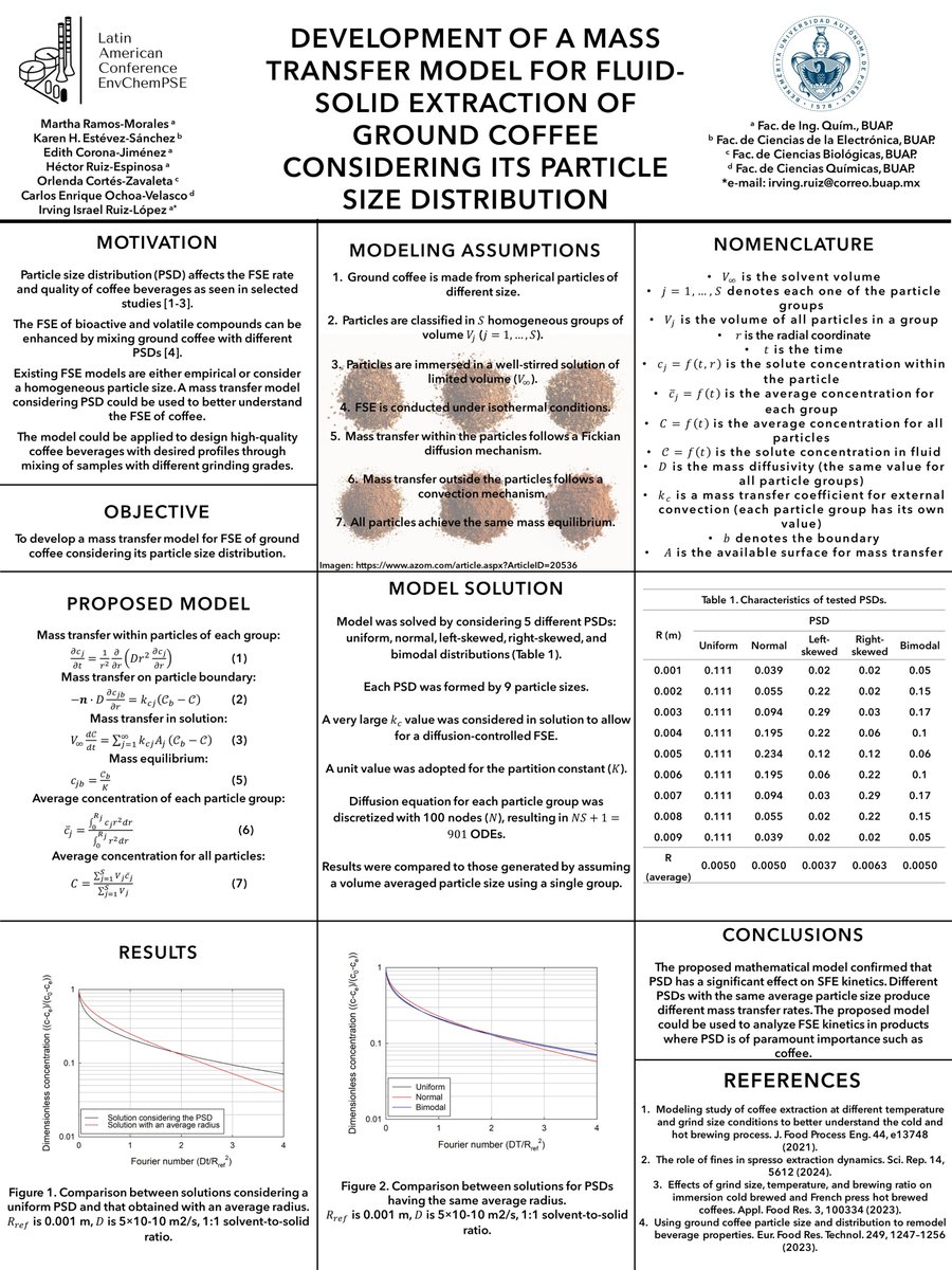 irvingrulz's tweet photo. #PSEModSimulatControl, my poster is DEVELOPMENT OF A MASS TRANSFER MODEL FOR FLUID-SOLID EXTRACTION OF GROUND COFFEE CONSIDERING ITS PARTICLE SIZE DISTRIBUTION,@LatEnvChemPSE https://t.co/fathKdIvoL