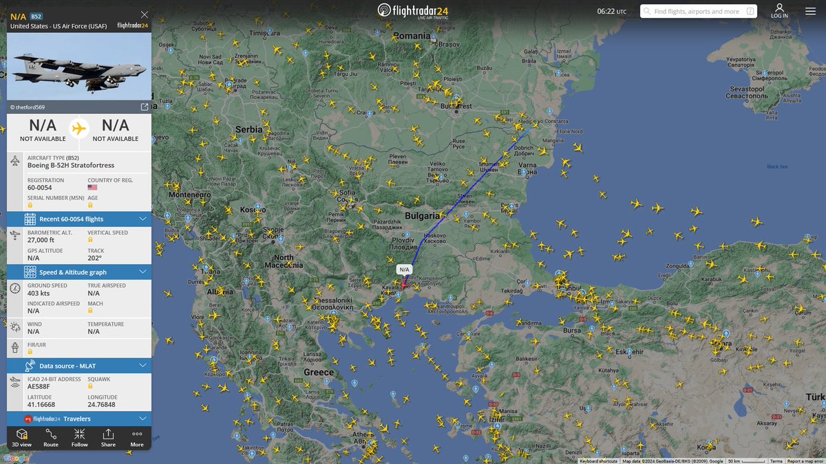 AIYeyENGDdJkjTr's tweet photo. July 25, 2024
#Mihail Kogălniceanu Air Base, Constanța ==>
#NoCALLSIGN #AE588F USAF B-52H Stratofortress https://t.co/WLY5k6qBj9