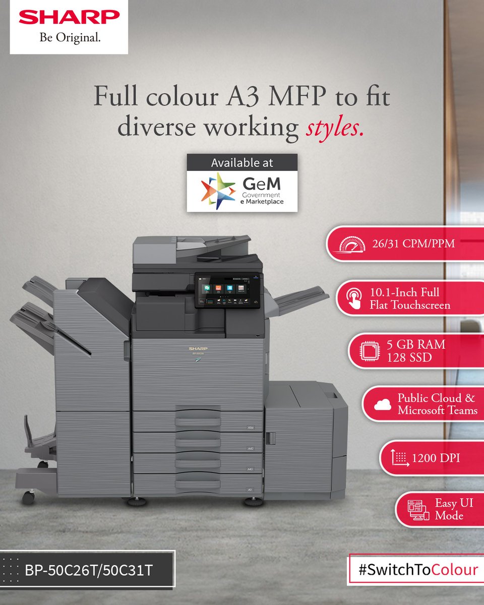 sharp_india_'s tweet photo. Revolutionize your workspace! Upgrade to SHARP BP-50C26T/50C31T A3 MFP. Available on GeM. Fast, efficient, seamless integration.
#SHARP #beoriginal #SharpIndia #SmartBusinessSolutions #GeM #GeMMarketplace #EfficientPrinting #OfficeSolutions #SwitchToColour #WorkplaceUpgrade https://t.co/zYi1jb2Ogj
