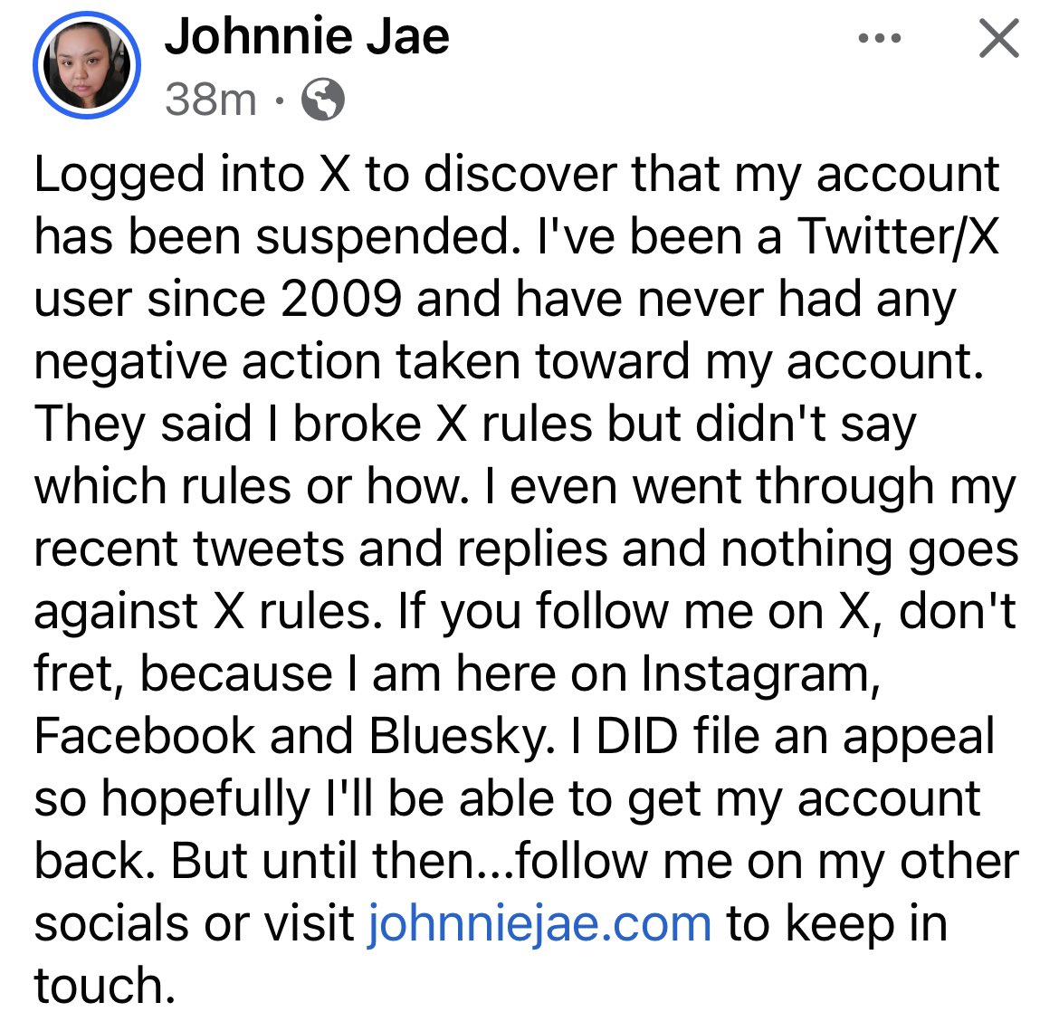 A Tribe Called Geek (@tribecalledgeek) on Twitter photo ATCG’s founder <a href="/johnniejae/">Johnnie Jae aka The Burnt Ball of Fury</a> has had her Twitter account suspended for “breaking rules.” We stand in support of Johnnie! Let your voices be heard so she doesn’t lose hers here on Twitter! #BringBackJohnnieJae ATCG’s founder <a href="/johnniejae/">Johnnie Jae aka The Burnt Ball of Fury</a> has had her Twitter account suspended for “breaking rules.” We stand in support of Johnnie! Let your voices be heard so she doesn’t lose hers here on Twitter! #BringBackJohnnieJae