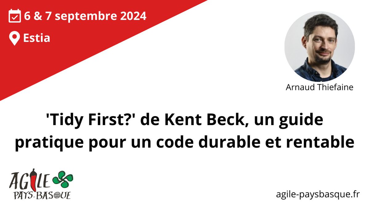 Agile Pays Basque (@agilepb) on Twitter photo <a href="/ArnaudThiefaine/">Arnaud Thiefaine</a> présentera “'Tidy First?' de Kent Beck, un guide pratique pour un code durable et rentable” 🌶️
⏰ Il est temps de prendre sa place ! La billetterie : helloasso.com/associations/a…
Envie de découvrir les autres orateur.rice.s ? 👉 agile-paysbasque.fr/speakers/ <a href="/ArnaudThiefaine/">Arnaud Thiefaine</a> présentera “'Tidy First?' de Kent Beck, un guide pratique pour un code durable et rentable” 🌶️
⏰ Il est temps de prendre sa place ! La billetterie : helloasso.com/associations/a…
Envie de découvrir les autres orateur.rice.s ? 👉 agile-paysbasque.fr/speakers/