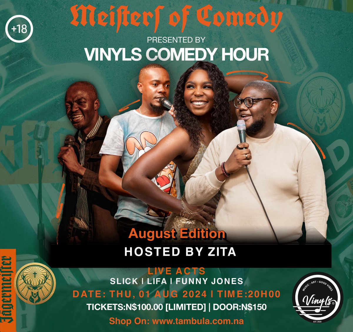 COMEDYHOURSTAGE's tweet photo. Come and share more moments of joy with us at the August edition of Meisters of Comedy 🦌

on Thursday, 01st Aug | 20:00 🥂

Hosted by Zita
Live: Lifa | Slick | Funny Jones 

Tickets now available online 🎫
https://t.co/kNcuQNOpf9 https://t.co/uBZt1uEW4z