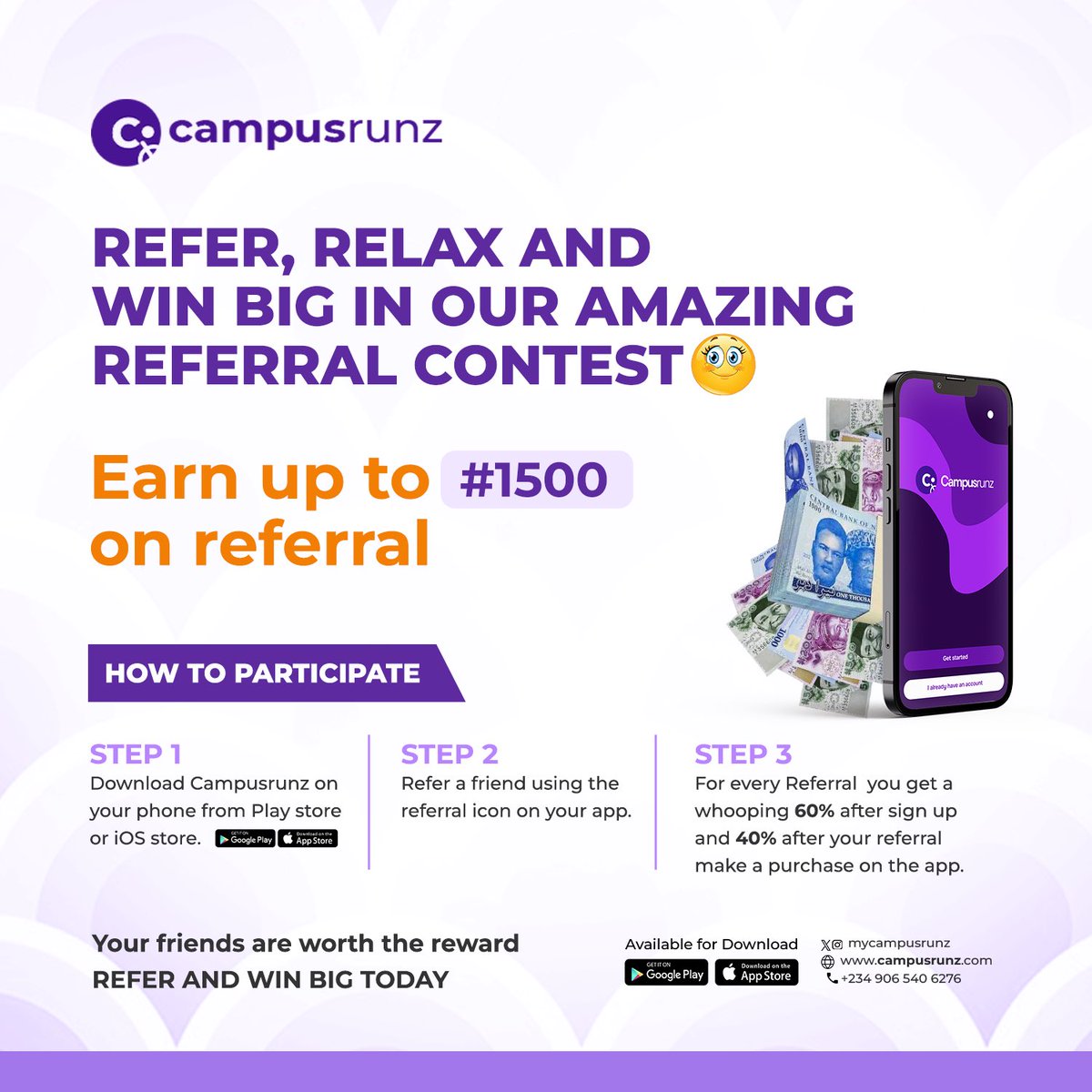 MyCampusRunz's tweet photo. EDE Poly, FUTO, get ready to earn as Campusrunz launch it's referal program.... Refer and earn, friends who refer together earn together https://t.co/1pqMHZFofZ