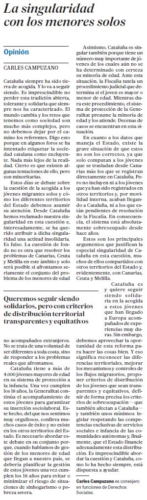 La posició catalana que convenia era aprofitar la reforma de l’article 35 de la llei d’estrangeria per a resoldre els problemes que tenim en l’acollida dels joves migrants sols.el tàcticisme i l’oportunisme d’alguns ens han fet perdre, efectivament, una oportunitat.