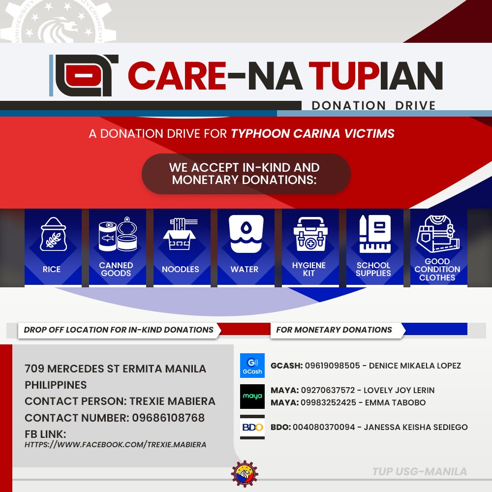 TUPManilaUSG's tweet photo. 📣𝗖𝗔𝗥𝗘-𝗡𝗔 𝗧𝗨𝗣𝗜𝗔𝗡: 𝗔 𝗗𝗢𝗡𝗔𝗧𝗜𝗢𝗡 𝗗𝗥𝗜𝗩𝗘 𝗙𝗢𝗥 𝗧𝗨𝗣𝗜𝗔𝗡𝗦 𝗔𝗙𝗙𝗘𝗖𝗧𝗘𝗗 𝗕𝗬 𝗧𝗬𝗣𝗛𝗢𝗢𝗡 𝗖𝗔𝗥𝗜𝗡𝗔

#TUPManila 
#TUPUSG 
#CarinaPH 
#CareNaTUPian https://t.co/5AY1Zf0bNV