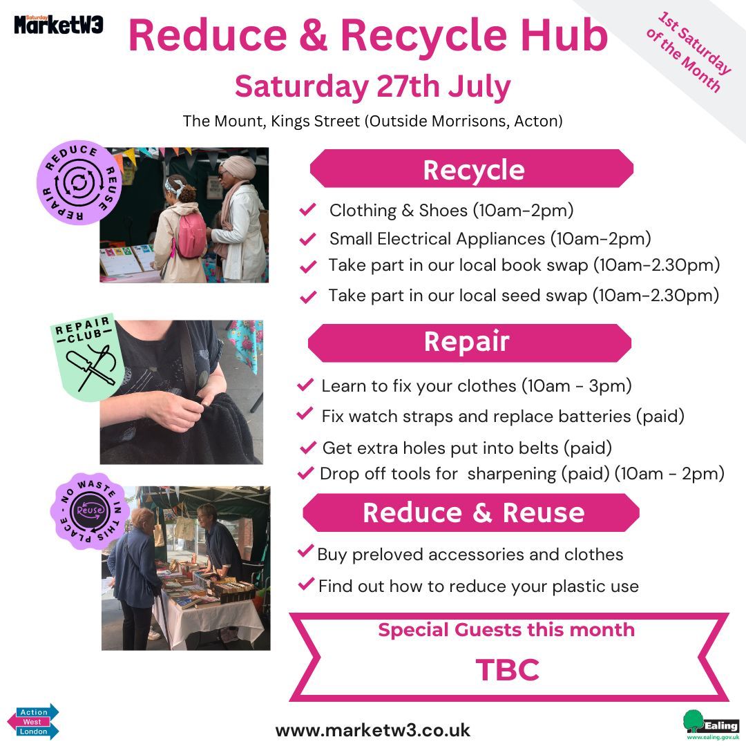 Our rescheduled Reduce and Recycle hub will take place this Saturday 27th July at Acton Market. Learn to mend clothes, recycle unwanted items, reduce plastic use, participate in a book swap, and more. Visit @marketw3 for details. #reduce #reuse #recycle #actonw3 #actonw3community