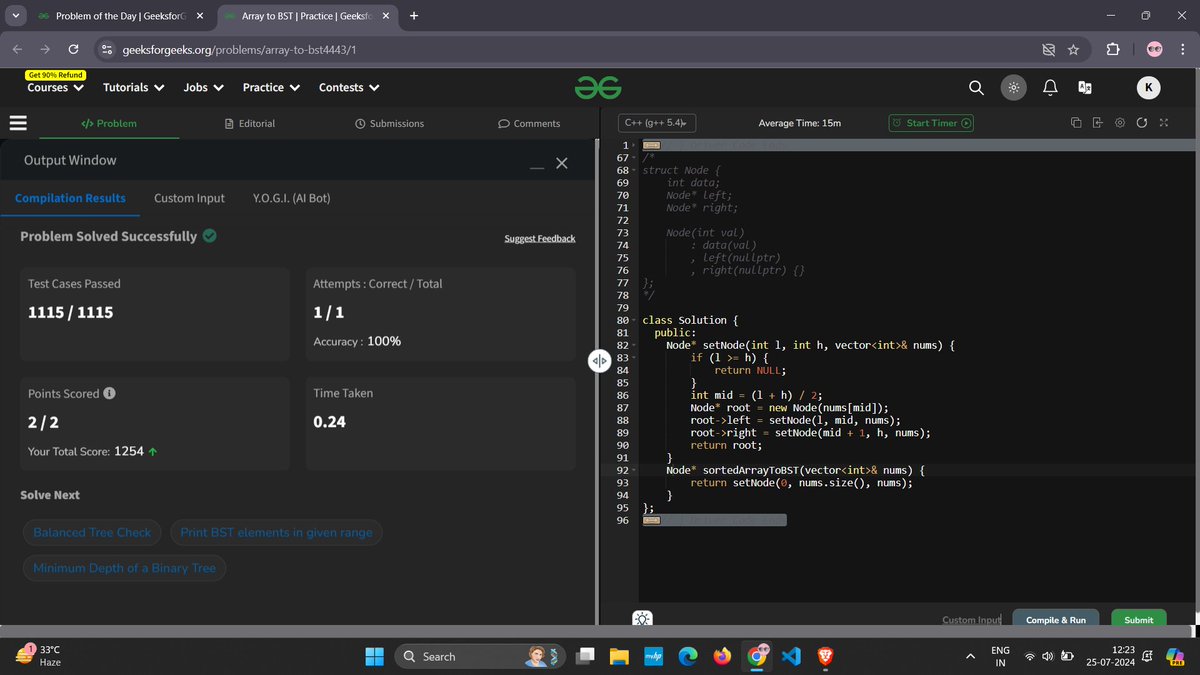 _kush_1719's tweet image. 🎯#Day1 of the #GeekStreak30DaysPOTD Challenge. 💫Here's a snapshot of today's coding endeavors:
1. Array to BST.
Excited to embark on this coding journey. 👨💻#programmingEnthusiast #gfg #geekstreak2024