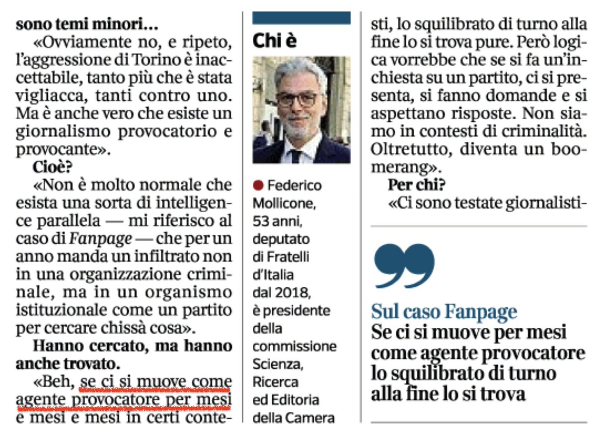 carlo_canepa's tweet photo. Oggi, sul Corriere della Sera, il presidente della Commissione Cultura della Camera Federico Mollicone (Fratelli d’Italia) dice che i giornalisti di Fanpage, nell’inchiesta su Gioventù nazionale, si sono comportanti come «agenti provocatori». https://t.co/KuayCVnTGD
